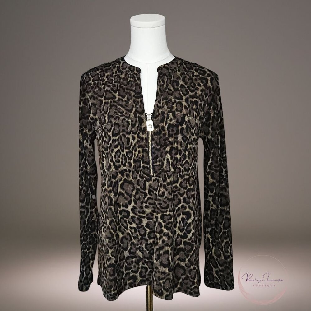 MICHAEL Michael Kors Leopard Print Zip Front Blouse – Size M